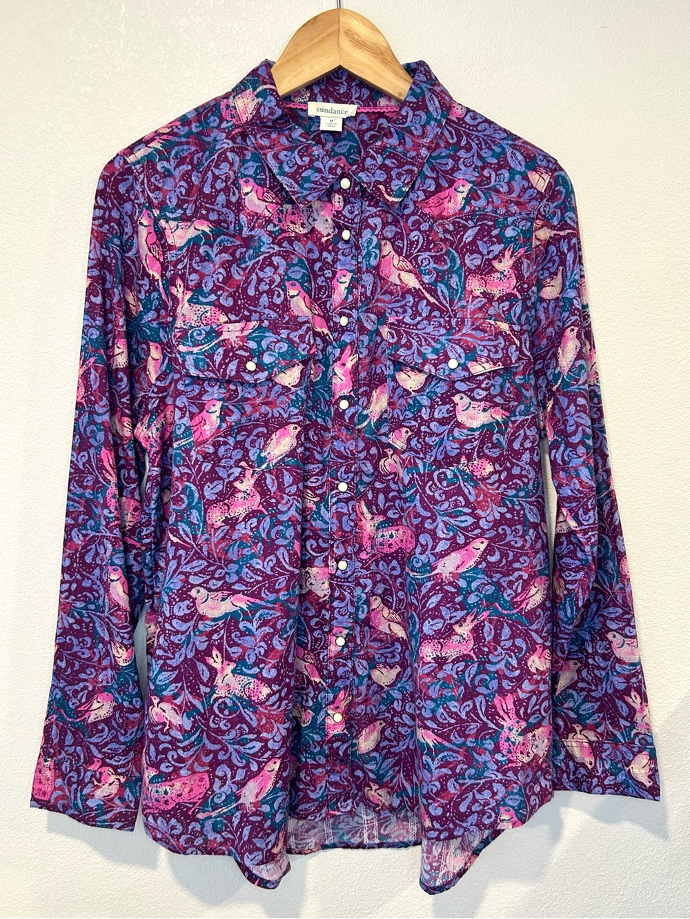 Sundance Purple Cotton Bird Print Button Down Boho Western Snap Blouse Size M